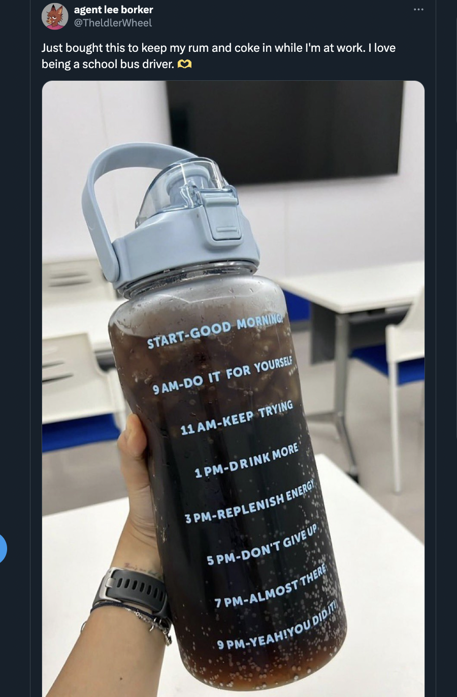 diet coke water bottle meme - agent lee borker TheidlerWheel Just bought this to keep my rum and coke in while I'm at work. I love being a school bus driver. StartGood Morn 9AMDo It For Yourse 11 AmKeep Trying 1PMDrink More 3PMReplenish Energ 5PMDon'T Giv